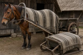 Thick Lithuanian gūnios on a horse, wagon, and sleigh with woolen stripes