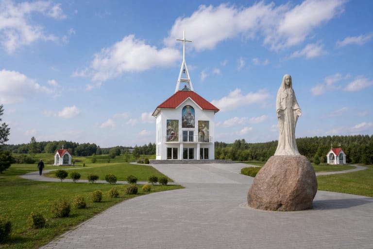 Guronių parko balta Šv. Juozapo koplyčia raudonu stogu, Marijos skulptūra ir dvi Rožinio slėpinių koplytėlės