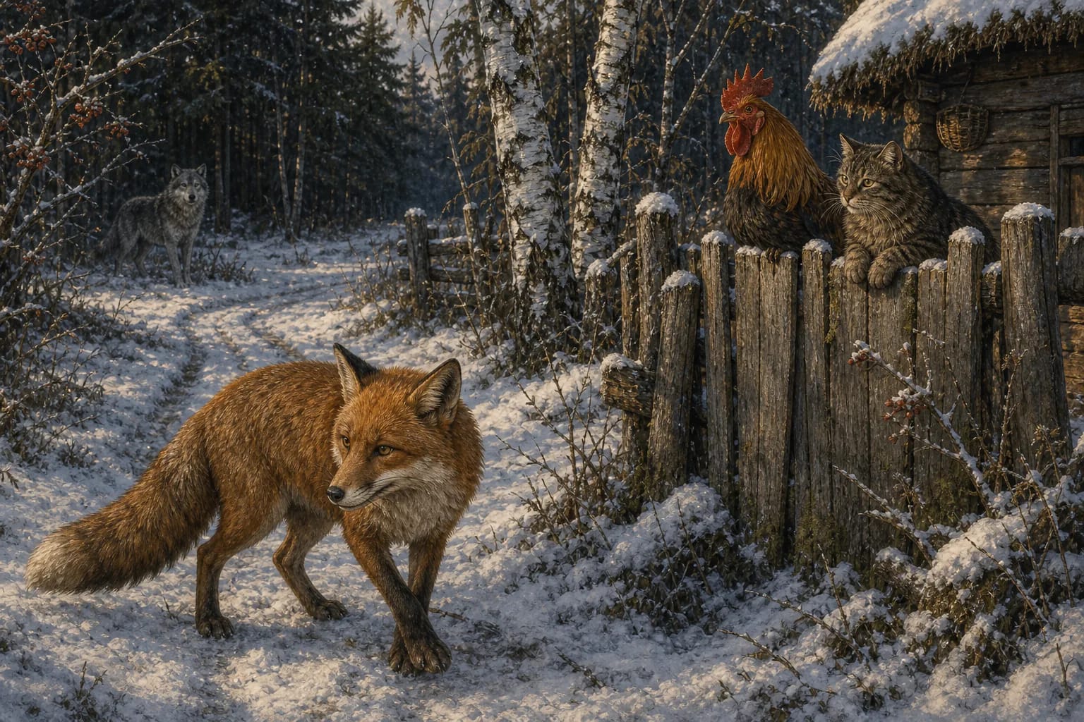 A fox and a cat beside a village fence, evoking an animal tale about deceptive reputation
