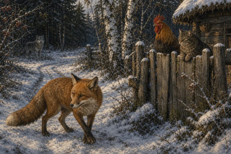 A fox and a cat beside a village fence, evoking an animal tale about deceptive reputation