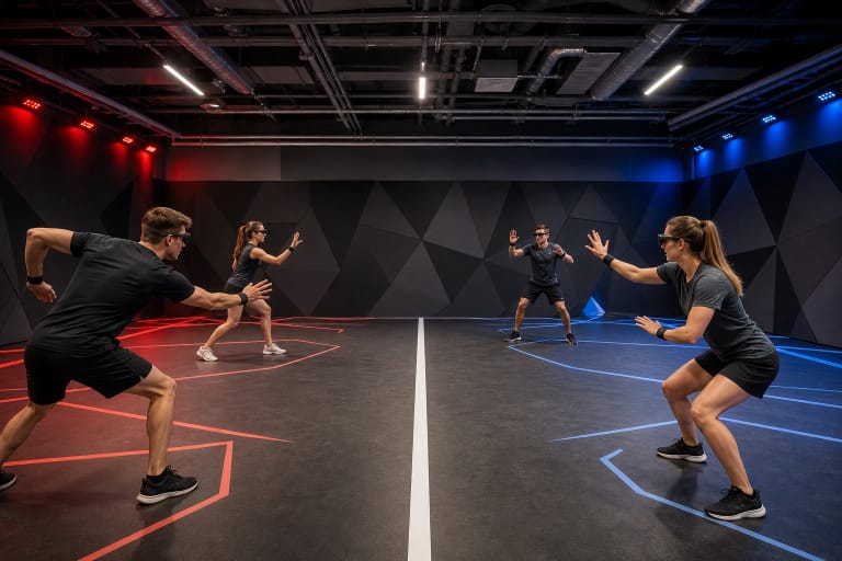 Du nešiojamus jutiklius ir lengvus akinius dėvintys HADO žaidėjai apšviestoje sporto aikštelėje
