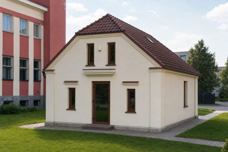Nedidelis tinkuoto mūro Kupiškio linų sandėlis su siaurais langais ir raudonų čerpių pusvalminiu stogu