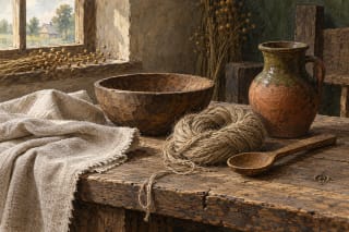 Editorial illustration of historic household objects, not a photograph of a specific museum exhibit