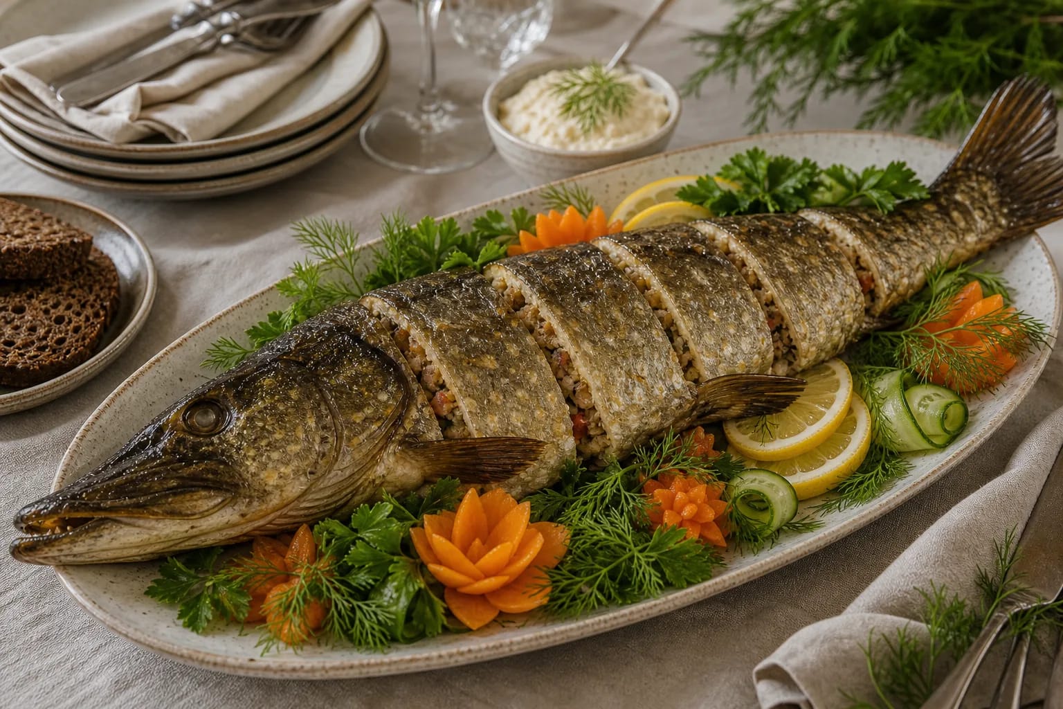 Праздничная фаршированная щука на блюде с овощами, лимоном, зеленью и соусом из хрена