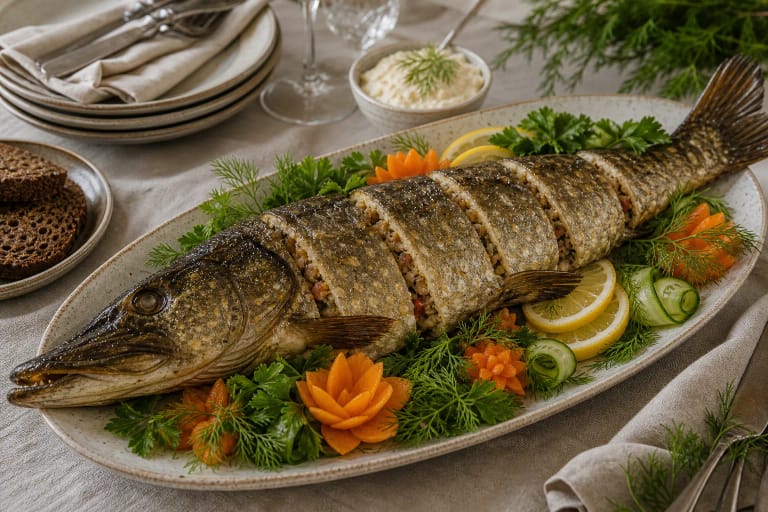 Festive stuffed pike on a platter with vegetables, lemon, herbs, and horseradish sauce