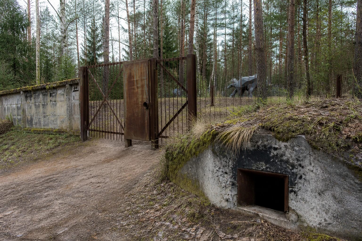 Miško apsuptyje esantys Idėjų parko „Bunkeris“ metaliniai vartai ir žole bei samanomis apaugęs žemas betoninis bunkeris
