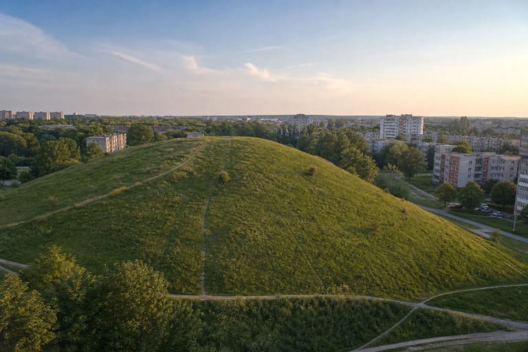Green Ieva Simonaitytė Hill among the apartment blocks of southern Klaipėda on a summer evening
