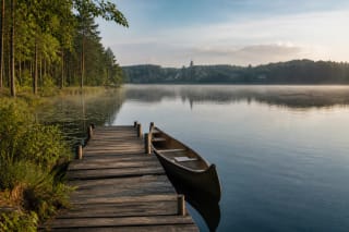 A quiet Aukštaitija lake with a wooden jetty, canoe, forested shores, and a distant village church silhouette