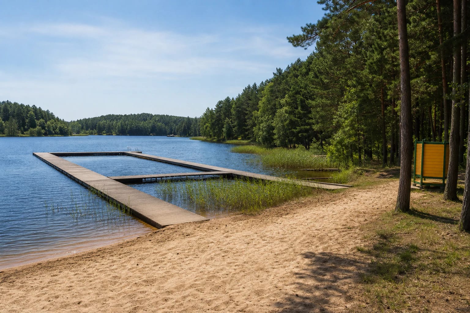 Sandy Ignalina Town Beach on Lake Gavys with a long rectangular pier, reed beds, and pine woodland
