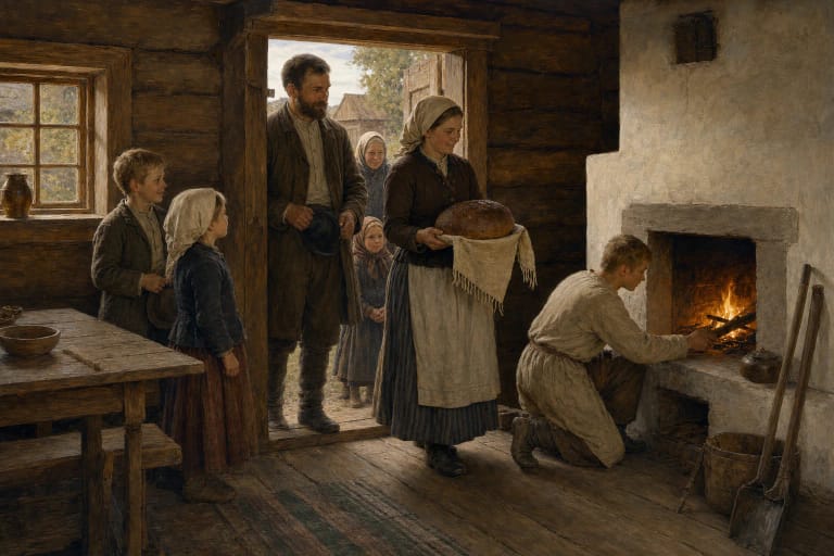 A family enters a new wooden home carrying bread while the first fire is lit in the hearth