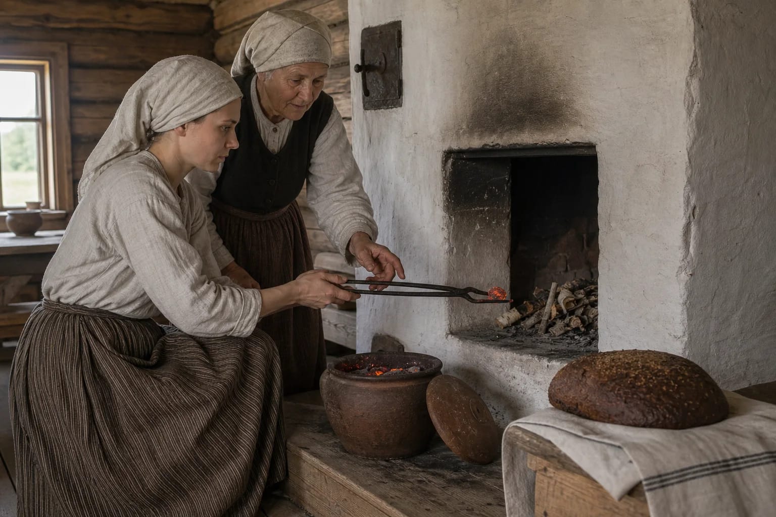 В новом деревянном доме у печи лежит хлеб, а огонь разжигают перенесёнными углями