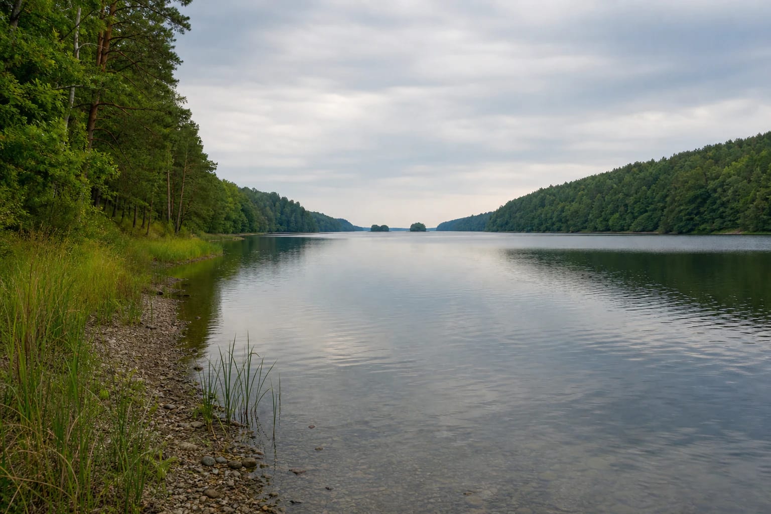 Calm Lake Ilgai between high wooded shores and a gravelly lakeside edge