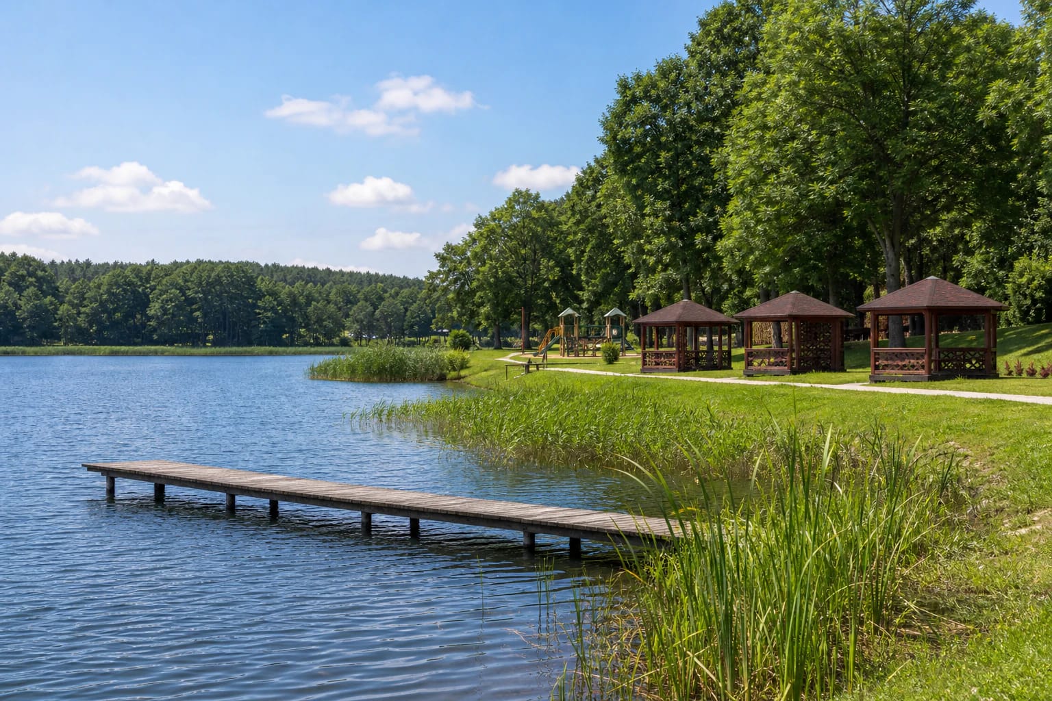 Lake Ilgis near Pivašiūnai with a low grassy shore, pier, reeds, and woodland on the opposite bank