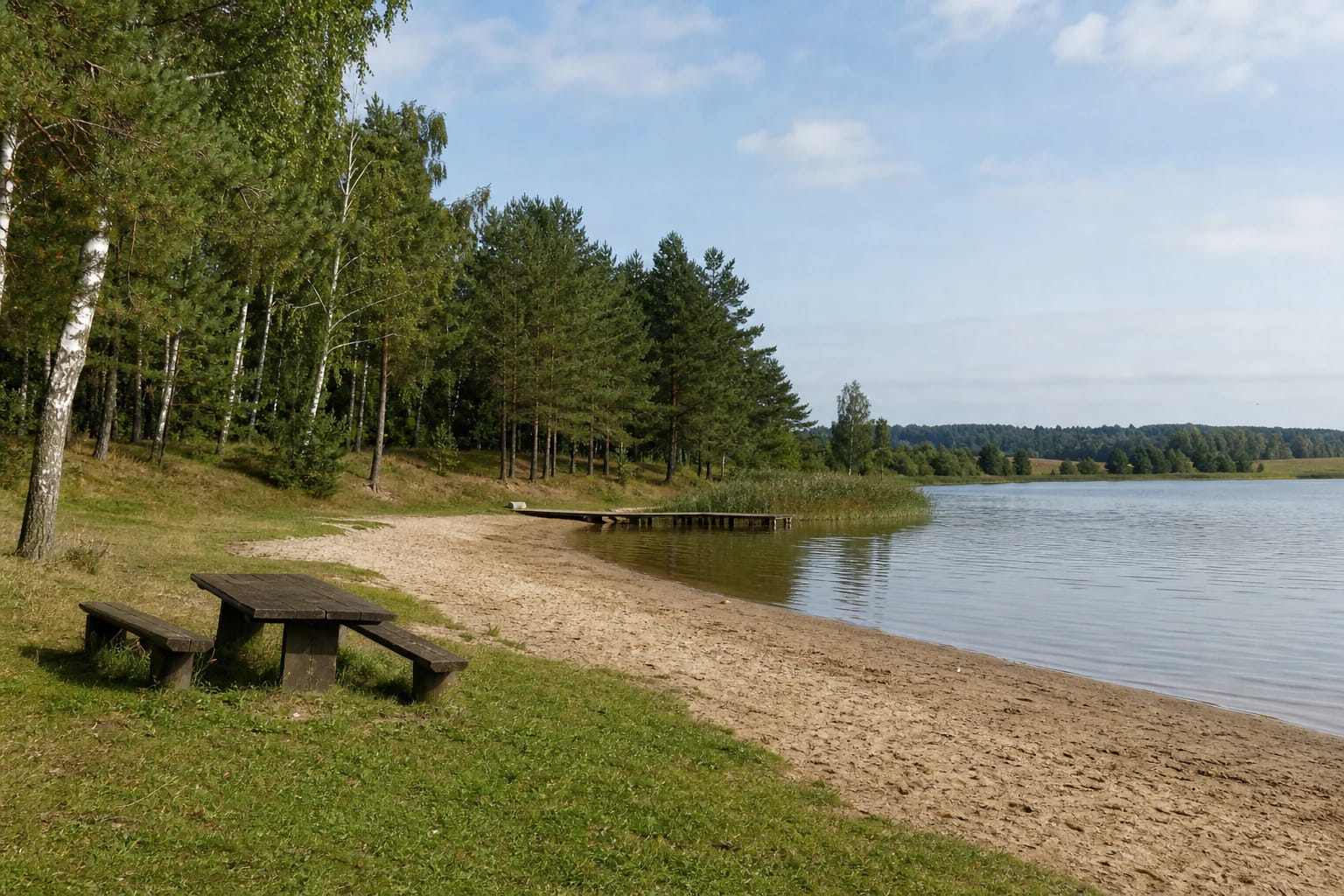 Ilgutis Lake Beach with a sandy shore, wooden jetty, and wooded lakeside