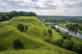 Green hill of Imbarė Hillfort above the confluence of the Salantas and Pilsupis in Samogitia