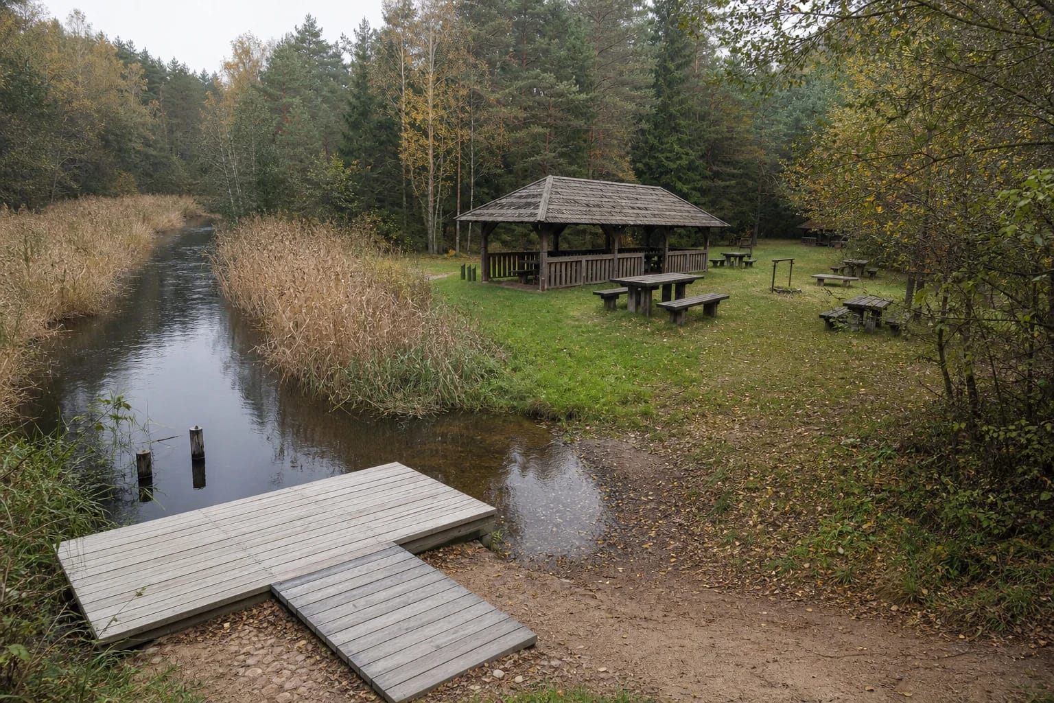 Ineigos Campsite's large timber shelter, tables, and low landing beside the narrow reed-lined Būka River