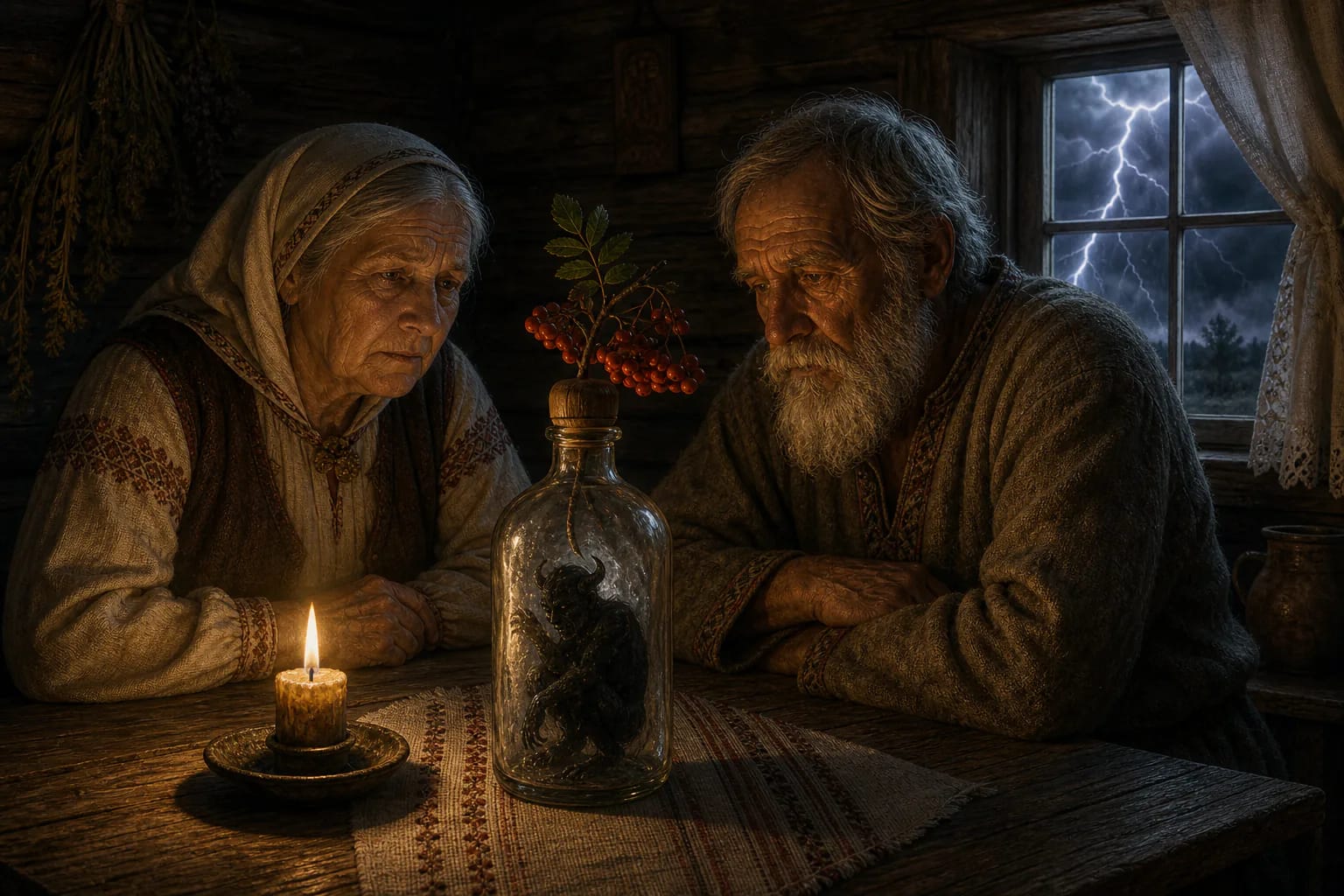 During a storm an old couple in a cottage hold a bottle with a rowan stopper while Perkūnas strikes outside the window