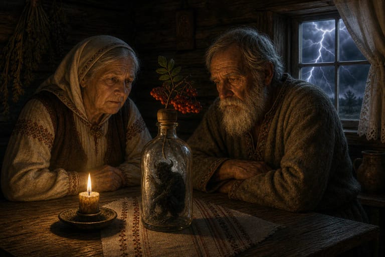 During a storm an old couple in a cottage hold a bottle with a rowan stopper while Perkūnas strikes outside the window