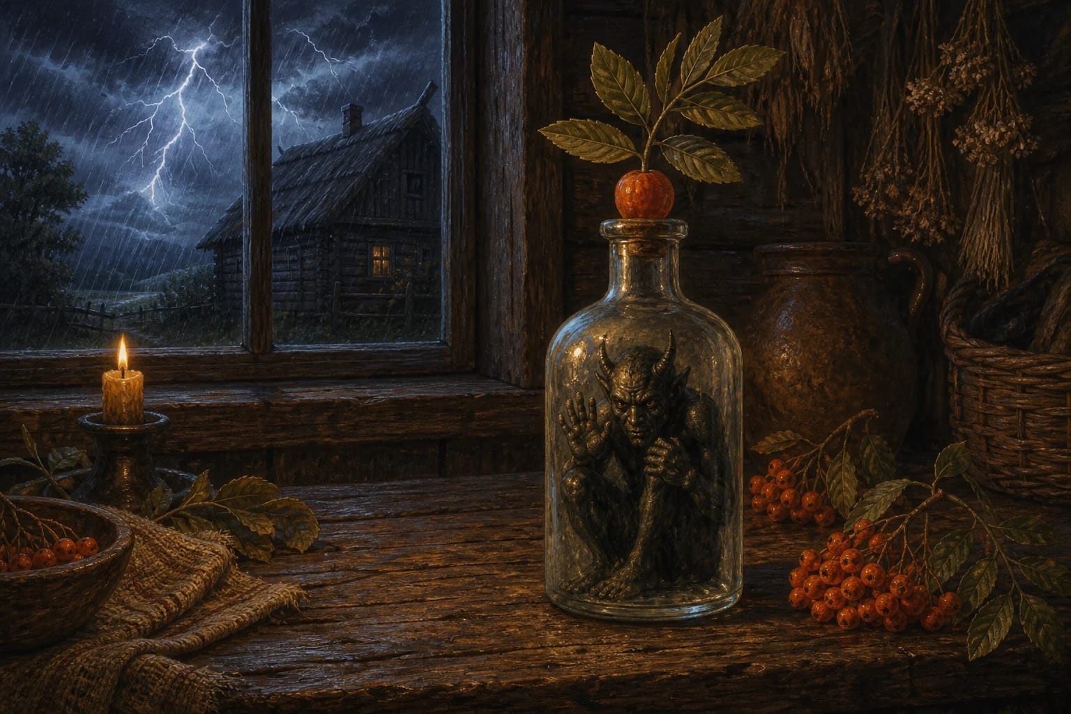 The Rescued Velnias visual interpretation with Velnias pursued by Perkūnas, rowan, bottle motifs