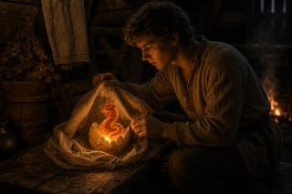A young man in an old bathhouse hides a glowing egg from which an Aitvaras begins to hatch