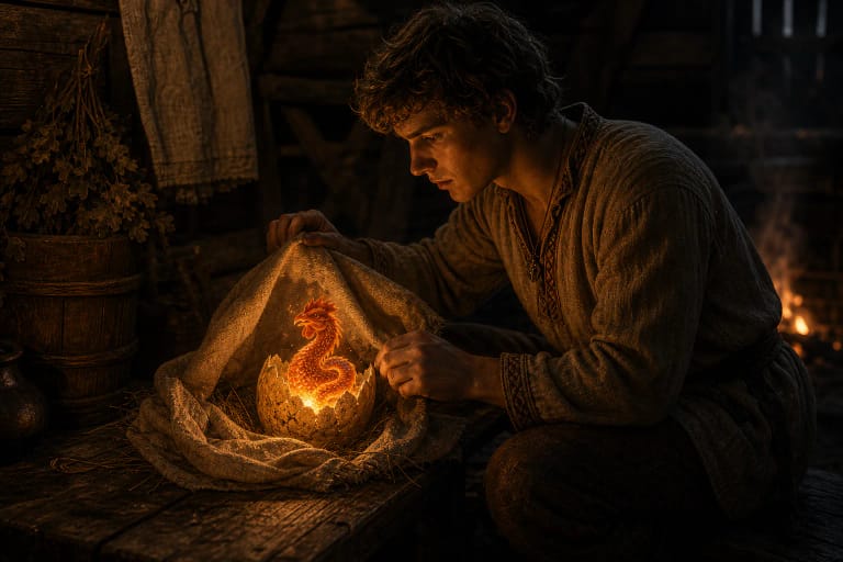A young man in an old bathhouse hides a glowing egg from which an Aitvaras begins to hatch