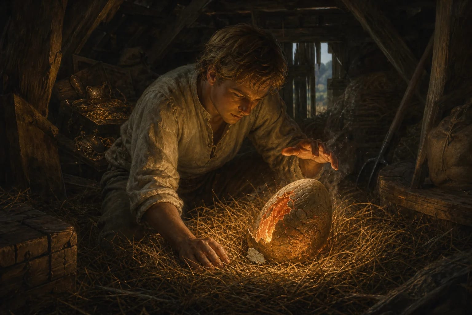 The Hatched Aitvaras visual interpretation with Aitvaras egg, hatching under the arm, secret wealth motifs