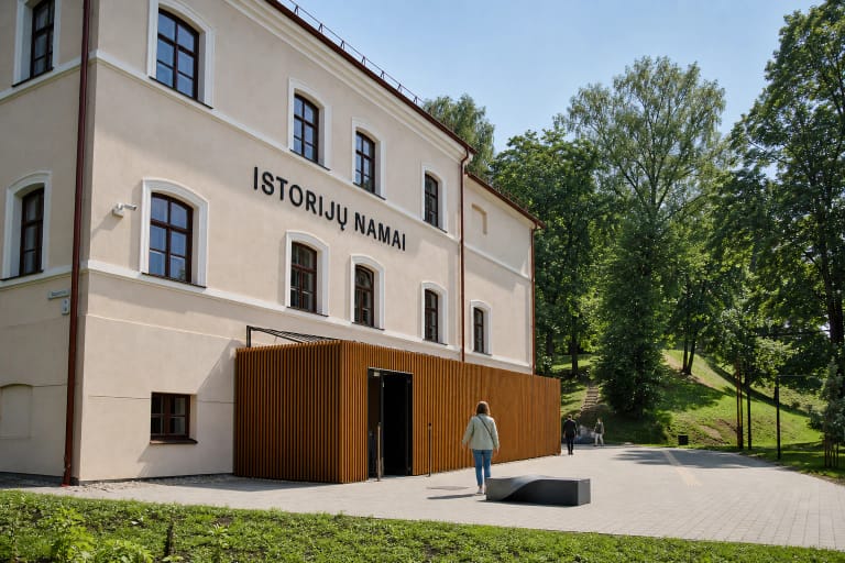 Istorijų namų šviesus trijų aukštų fasadas, rudi arkiniai langai, medinių dailylenčių įėjimas ir žalias Kalnų parko šlaitas