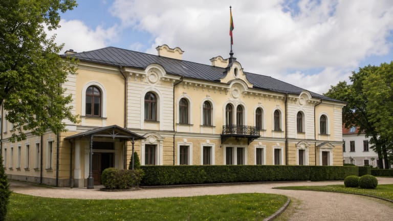 Istorinės Lietuvos Respublikos Prezidentūros Kaune šviesiai geltoni istorizmo rūmai su balkonu, vėliavos stiebu ir reprezentaciniu sodu