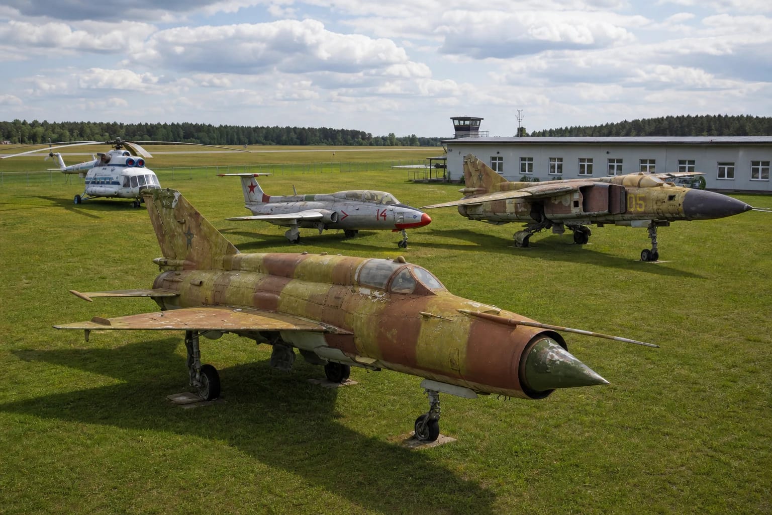 Depiction of the outdoor exhibition at Įstra Aviation Museum with a weathered camouflaged MiG-21, L-29, MiG-23, and Mi-8 on the airfield grass