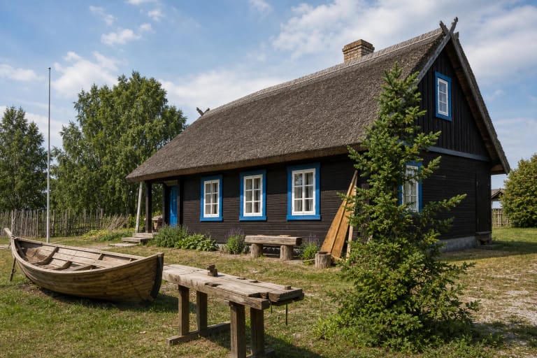 Wooden house of J. Gižas Ethnographic Homestead in Dreverna with boatbuilding details in the yard