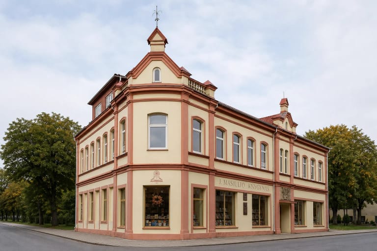 Kreminis ir rausvais apvadais puoštas J. Masiulio knygyno istoristinis kampinis pastatas Panevėžyje su 1905 m. ženklu ir vitrinomis