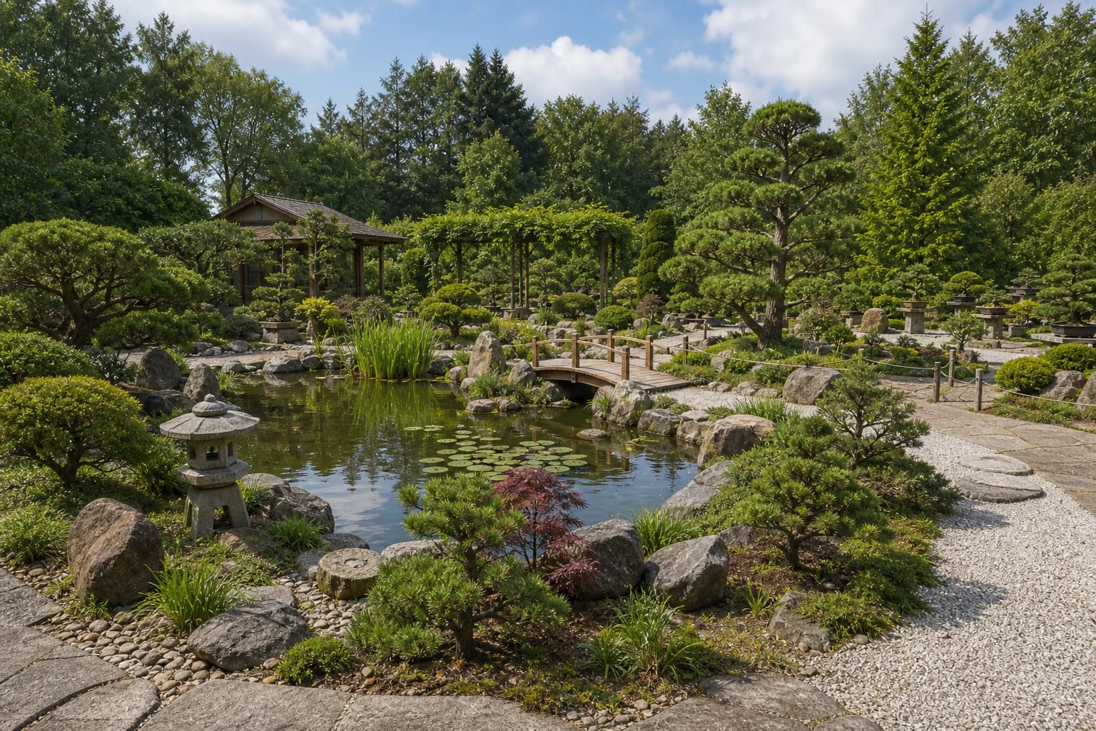 Pond, stones, wooden bridge, and shaped pines in the Japanese Garden in Mažučiai village