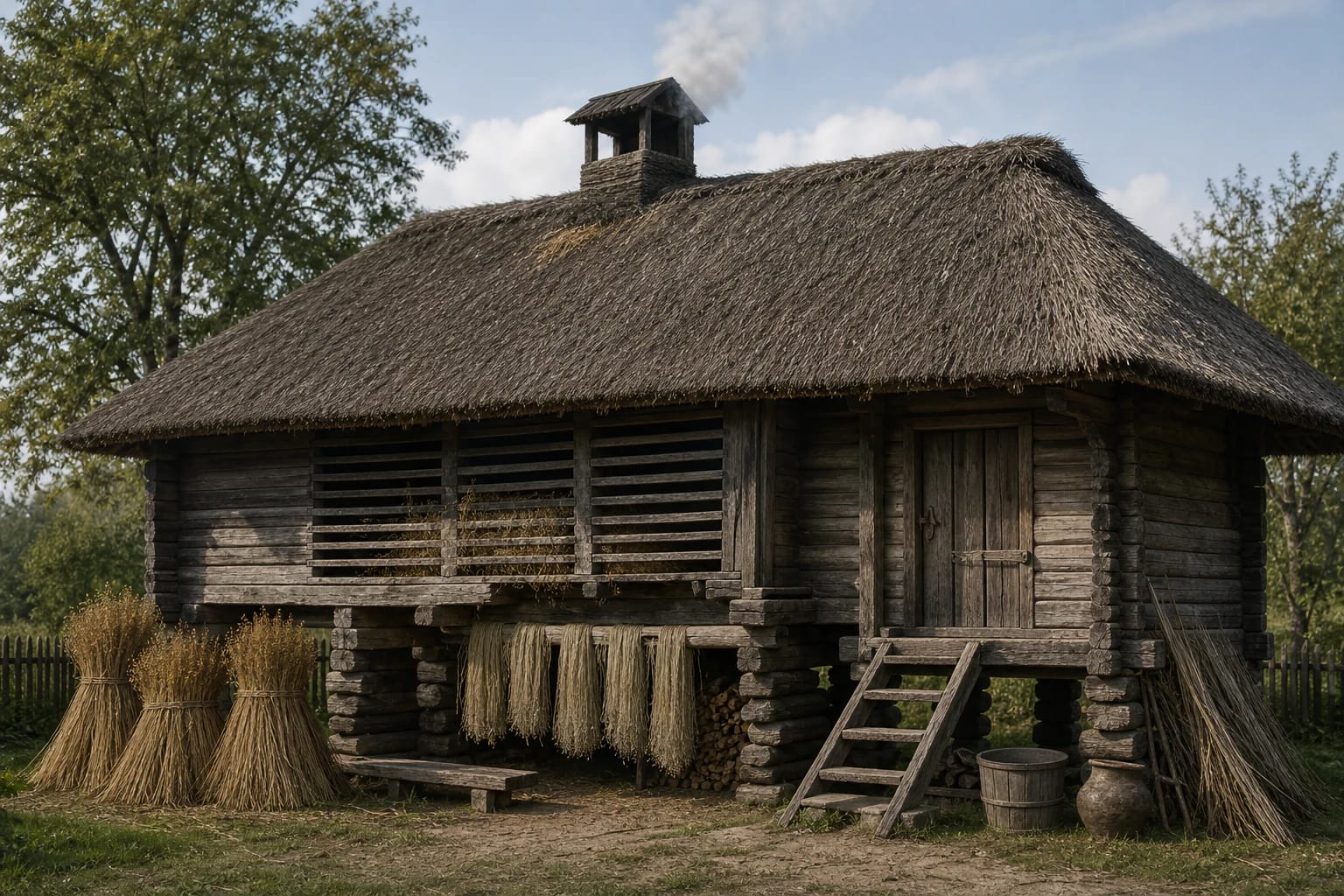 Traditional jauja with a small log room, massive stone-and-clay stove, drying racks, and flax being dried