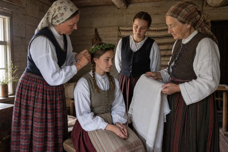 Women prepare to remove a bride's rue wreath at a late nineteenth-century Lithuanian village wedding