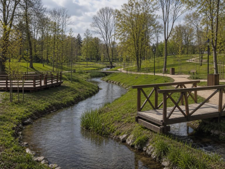 Wooden path and small bridge in Jaurykla Park beside the stream in Kretinga