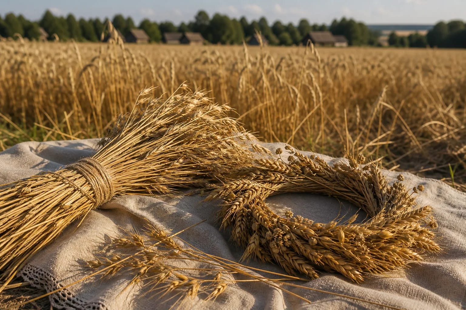 Rye sheaf and harvest wreath on linen beside a grain field.