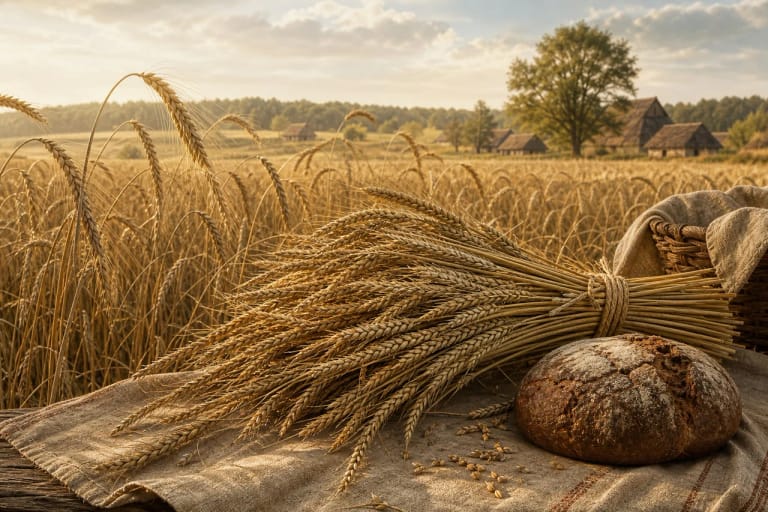 A rye sheaf, grain, and bread as Lithuanian symbols of harvest, Žemyna, and plenty