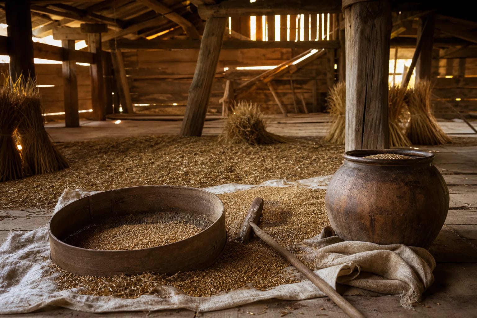 A threshing barn interior with drying grain for Javinė