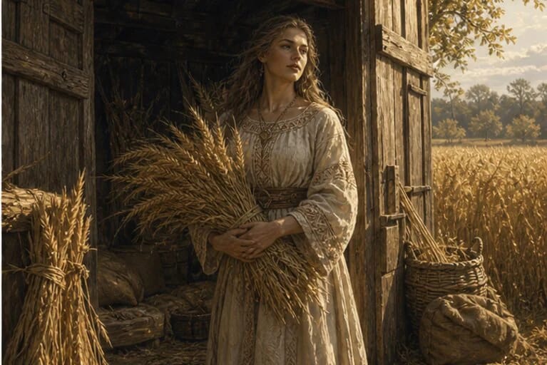 Javinė stands near a granary, sheaves of grain, and a golden harvest