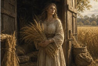 Javinė stands near a granary, sheaves of grain, and a golden harvest