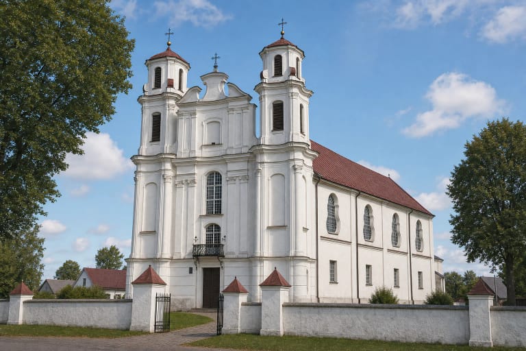 White twin-towered Baroque Church of St Michael and St John in Jieznas with a curved gable and red metal roof