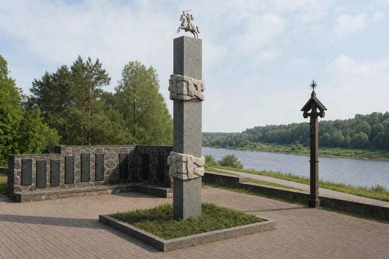 Jonavos partizanų memorialo pilko granito Vyčio stela, senoji memorialinių lentų siena ir koplytstulpis Neries pakrantėje