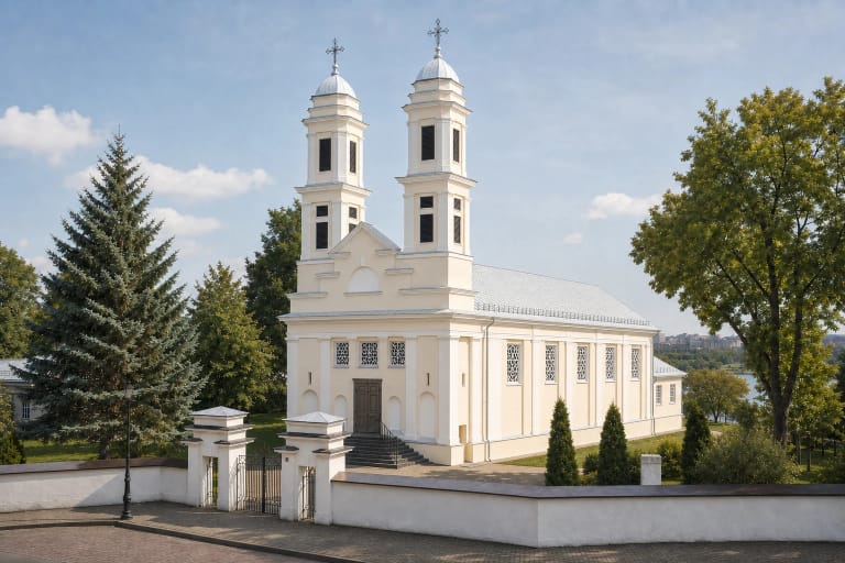 Светлый фасад двухбашенной церкви Святого апостола Иакова в Йонаве и ворота погоста в летний день