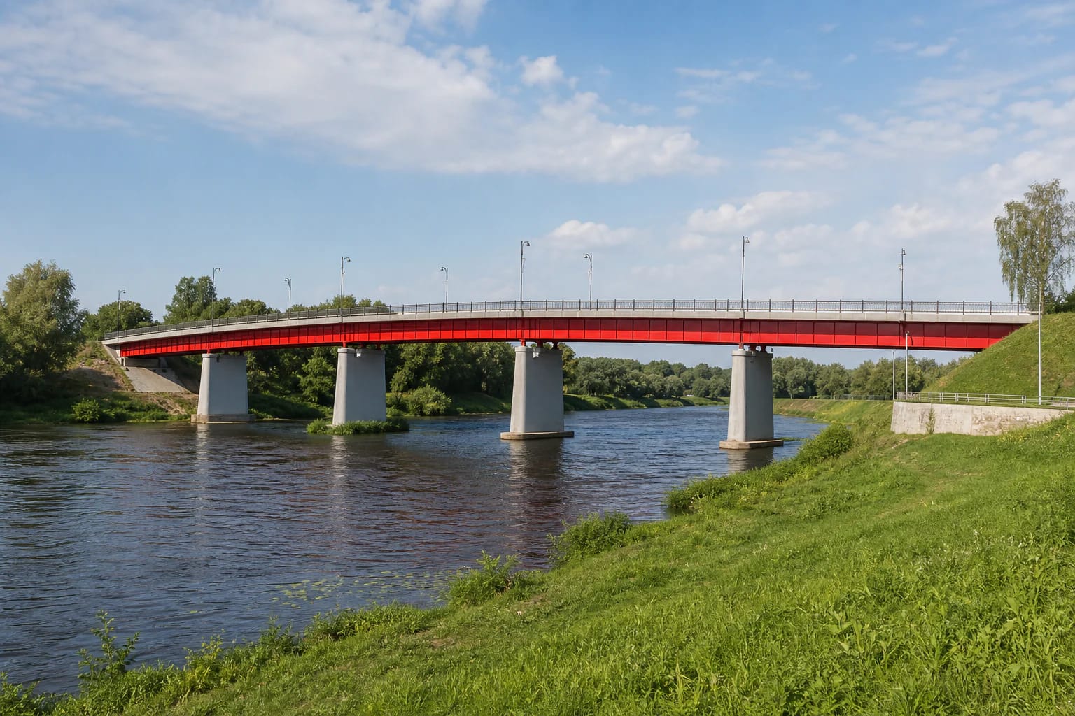 The low red Jonava road bridge with concrete supports above the Neris