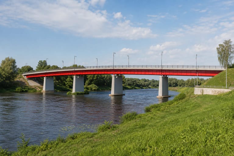 Žemas raudonas Jonavos kelio tiltas su betoninėmis atramomis virš Neries