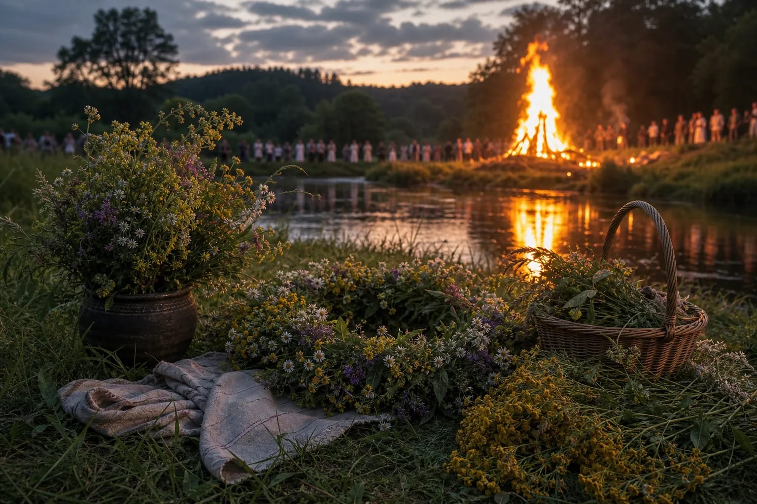 Jonines evening by a river with a bonfire, herbs, and kupoles wreaths