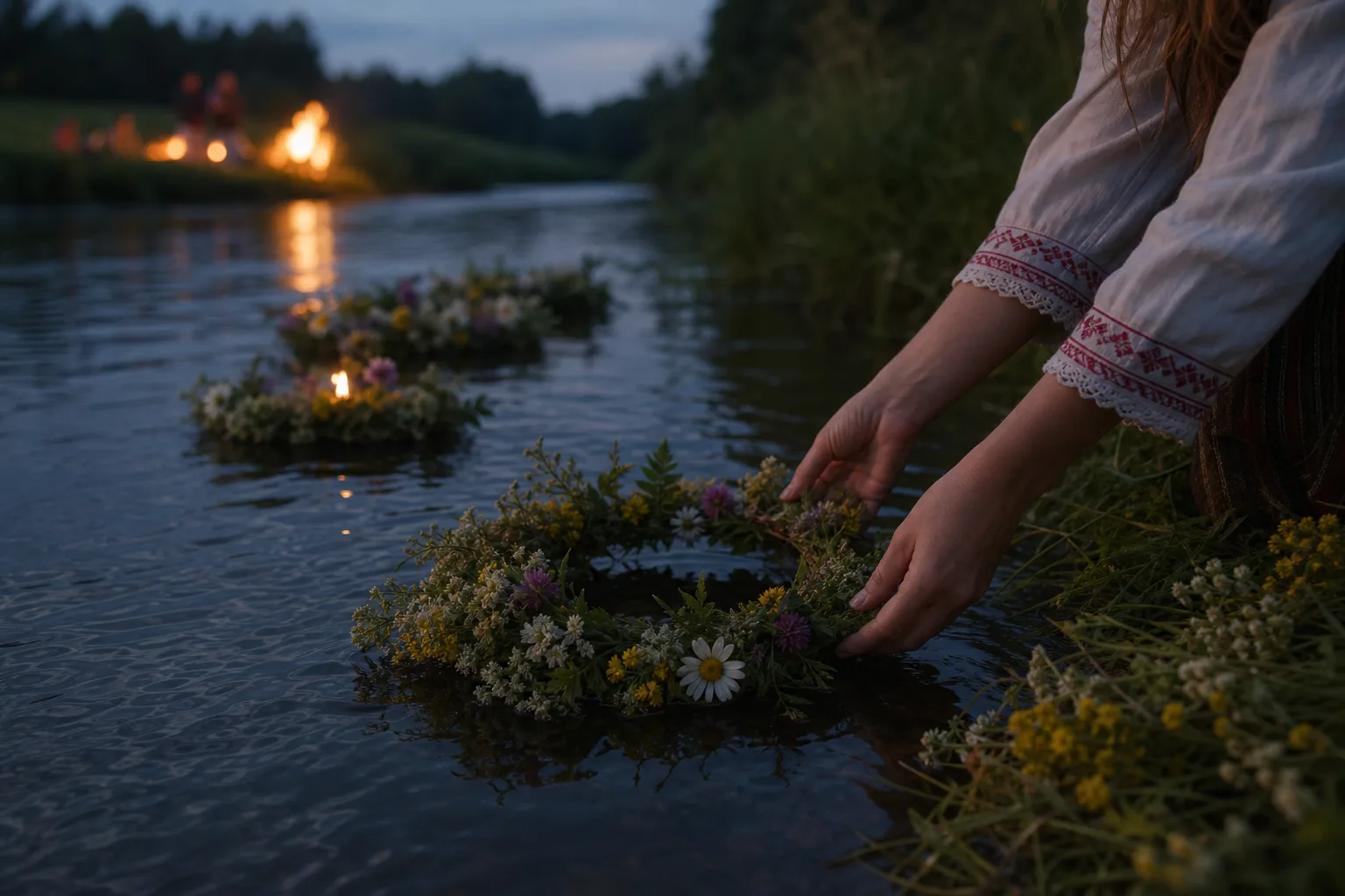 Jonines wreaths being set onto river water at dusk
