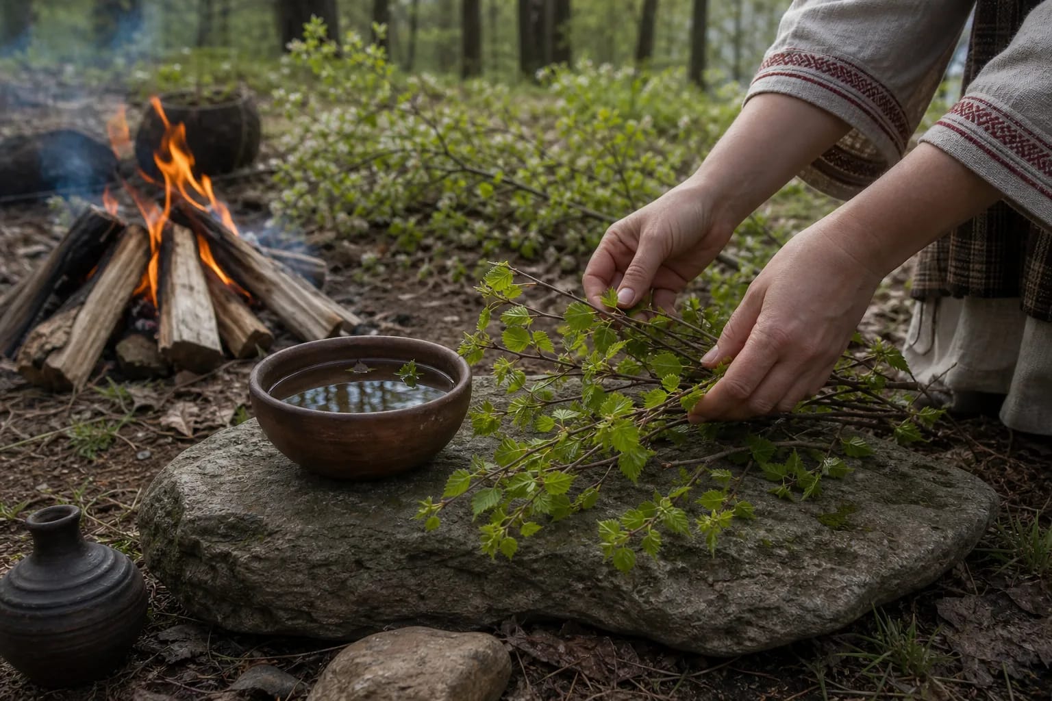 Jore first greenery, fire, and a bowl of water on a stone