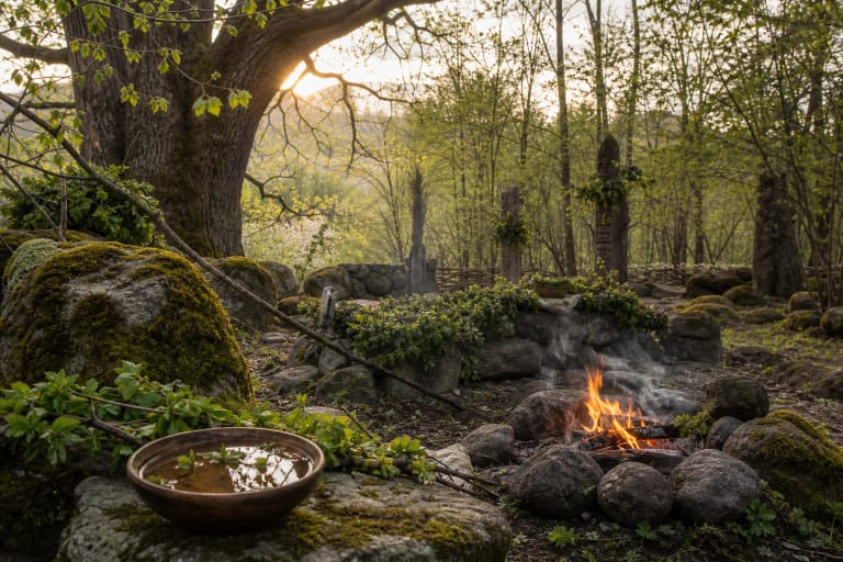 A Jore ritual place in a spring grove with first greenery, fire, and a bowl of water