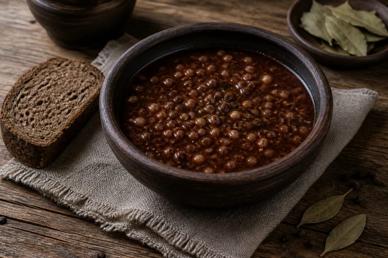 Dark juka soup in a clay bowl with groats, bay leaves, and rye bread nearby